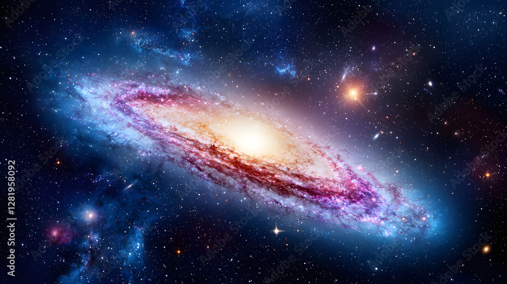 Naklejka premium Celestial spiral galaxy outer space digital art cosmic environment wide-angle view astronomical phenomenon