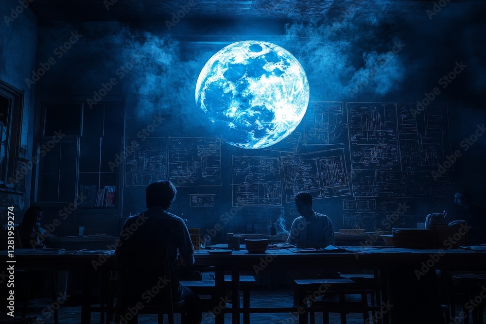 Fototapeta premium Group of people in a dimly lit room studying lunar blueprints under a large glowing moon