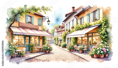 Watercolor painting of a European cobblestone street, cozy cafés with colorful flowers, warm golden light, charming and romantic isolated on white, copy space