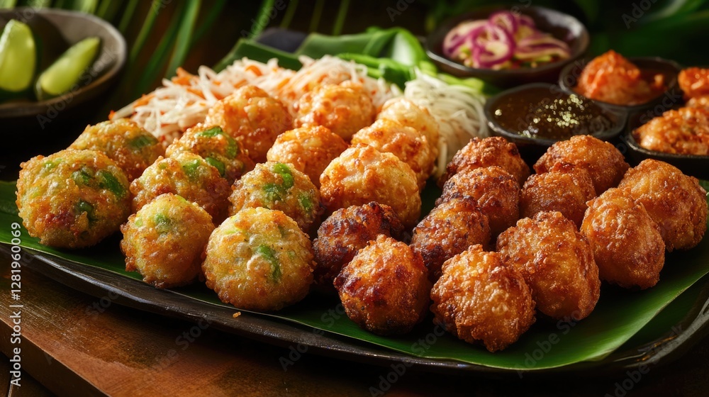An appetizing assortment of deep fried dumplings served with a variety of flavorful sauces, reflecting the rich and diverse Indian culinary heritage. An appetizing assortment of deep fried dumplings served with a variety of flavorful sauces, reflecting the rich and diverse Indian culinary heritage.