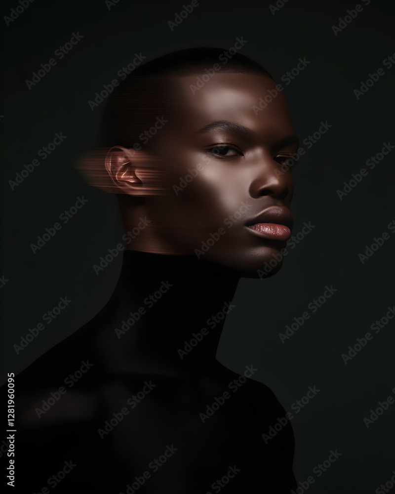 Abstract portrait of an African American man on a black background with a splash of red blurry glow. Studio professional shooting. Abstract portrait of an African American man on a black background with a splash of red blurry glow. Studio professional shooting.