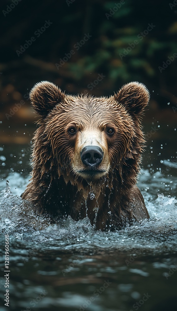 Grizzly bear swimming, forest background, wildlife Grizzly bear swimming, forest background, wildlife