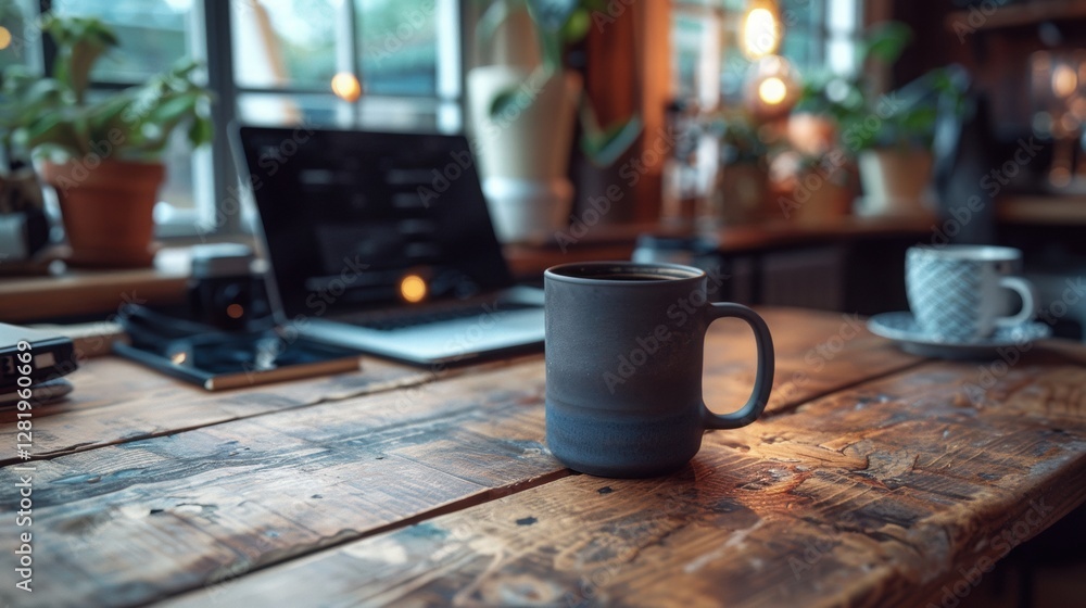 Cozy Workspace with a Coffee Mug and Plants in Natural Light Cozy Workspace with a Coffee Mug and Plants in Natural Light