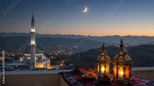 Ramadan Lanterns & Mosque Under Crescent Moon – Peaceful Islamic Night Scene