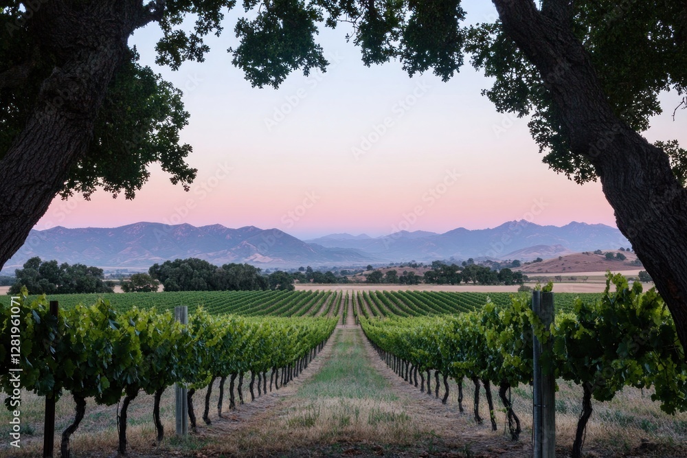Obraz premium Vineyard sunset landscape with mountains. (3)