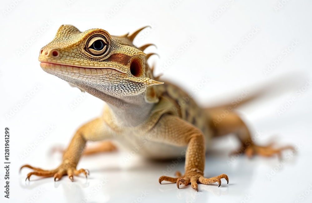 Fototapeta premium Close-up of spiny horned lizard against white backdrop. Reptile textured skin, camouflage colors. Toad features horns, scales, unique defense mechanism, blending with natural habitat. Perfect for