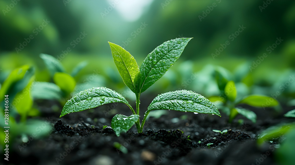 Young plant sprouting, field, growth, nature, background blurred, environmental conservation Young plant sprouting, field, growth, nature, background blurred, environmental conservation