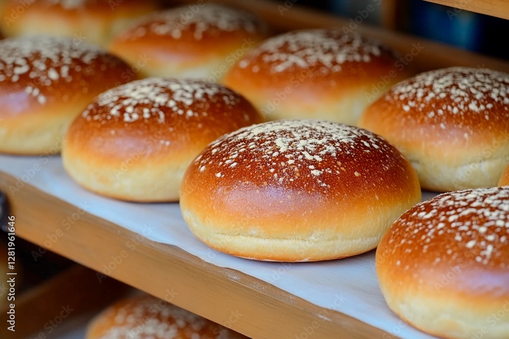 Soft and glossy buns with a golden-brown crust are lined up on a wooden shelf. The bakery setting is warm, inviting, and filled with the tantalizing aroma of fresh bread Soft and glossy buns with a golden-brown crust are lined up on a wooden shelf. The bakery setting is warm, inviting, and filled with the tantalizing aroma of fresh bread