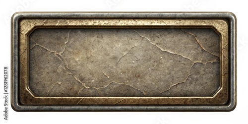 A metal sign with a rough surface and a gold border. The sign is empty and has no writing on it