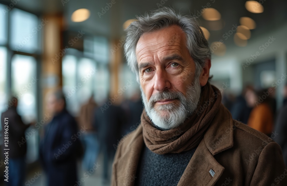 Close-up portrait of elderly gray-haired man with beard in brown coat and scarf. A mature male with a thoughtful expression stands against backdrop of blurred crowd of people in a waiting room. Close-up portrait of elderly gray-haired man with beard in brown coat and scarf. A mature male with a thoughtful expression stands against backdrop of blurred crowd of people in a waiting room.