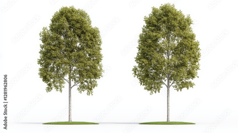 Two Lush Green Trees on Bright White Background for Nature Themes Two Lush Green Trees on Bright White Background for Nature Themes