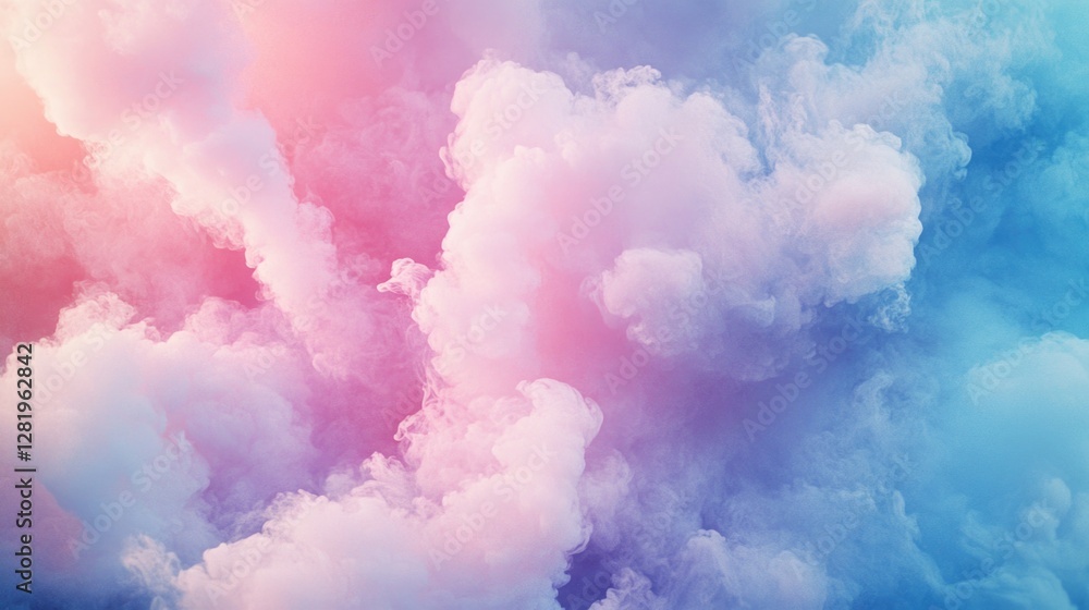 Fototapeta premium Pink and blue fluffy cloud textures against a gray sky background