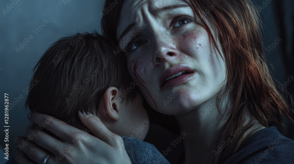 Screenshot of a video game scene showing a woman holding her child, expressing deep emotion. Screenshot of a video game scene showing a woman holding her child, expressing deep emotion.