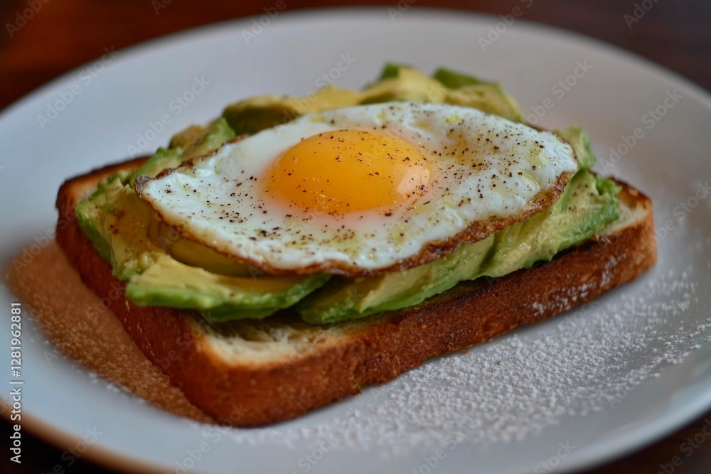 A plate features an open-faced toast topped with creamy avocado slices and a sunny-side-up egg, sprinkled with seasoning in a rustic cafe atmosphere A plate features an open-faced toast topped with creamy avocado slices and a sunny-side-up egg, sprinkled with seasoning in a rustic cafe atmosphere