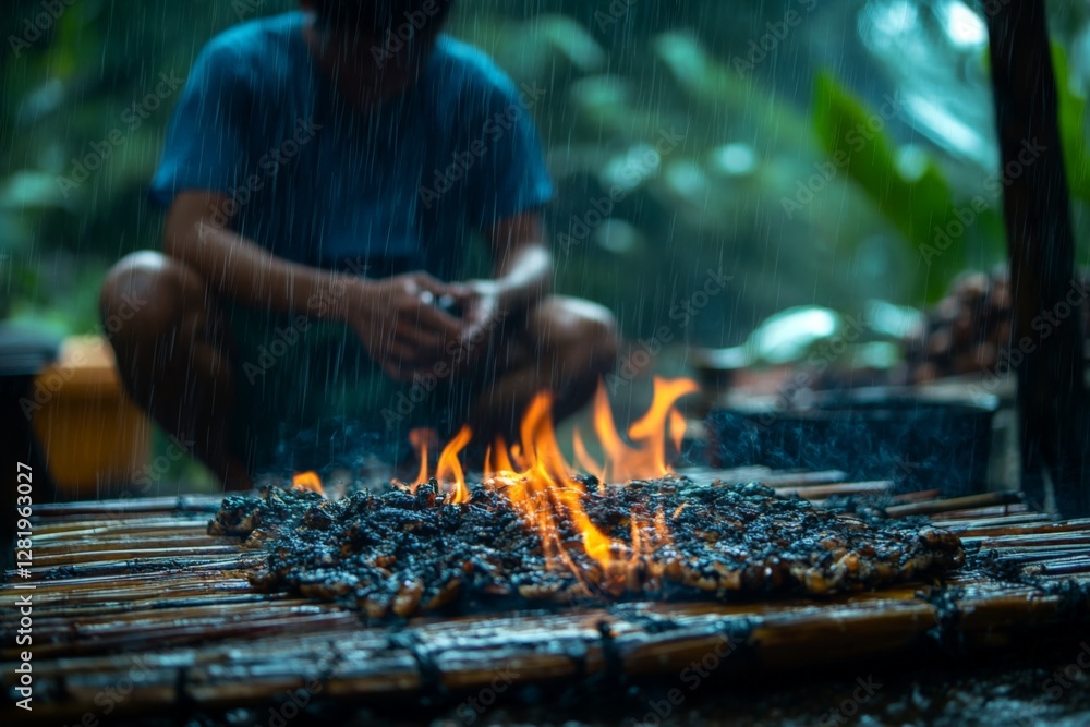 Fototapeta premium Cooking on bamboo over fire in the rain while a person waits in the background at a tropical forest setting