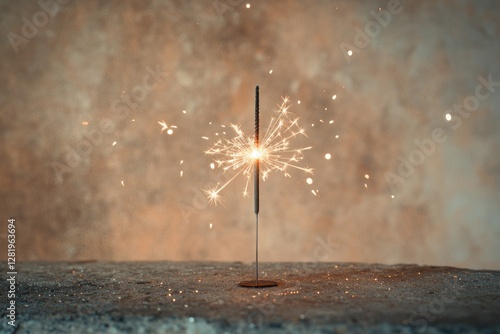 Close-up of a sparkler candle with firework effects emitting from the fuse, set against a gray background.