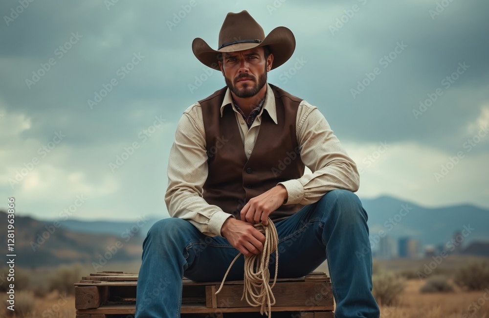 American cowboy sits with lasso rope on a wooden pallet against sky. Brutal western guy in hat, vest, jeans on countryside. Strong male power, vintage wild west lifestyle at sunset, focus on eyes. American cowboy sits with lasso rope on a wooden pallet against sky. Brutal western guy in hat, vest, jeans on countryside. Strong male power, vintage wild west lifestyle at sunset, focus on eyes.