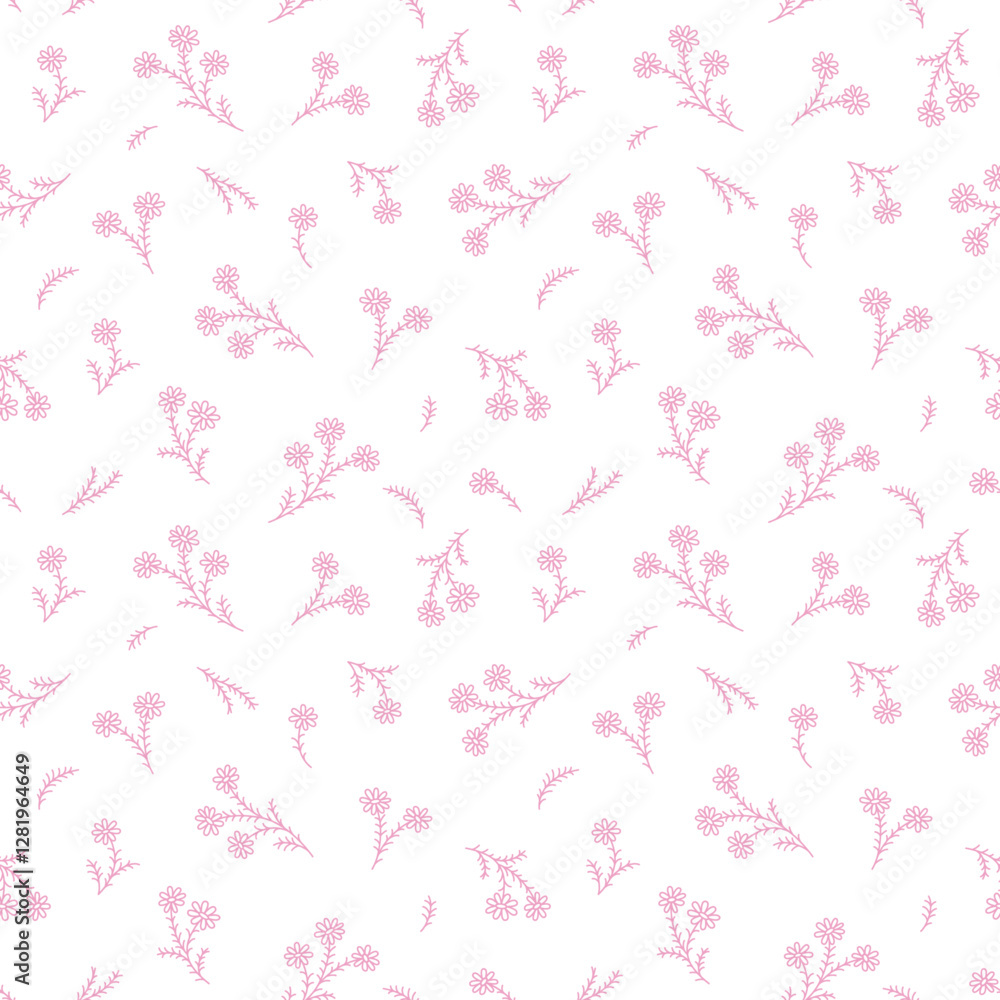 Seamless pattern сute simple small flower and leaves, of pink color naive hand drawn line style. Abstract floral branch for print textiles. Vector illustration Seamless pattern сute simple small flower and leaves, of pink color naive hand drawn line style. Abstract floral branch for print textiles. Vector illustration