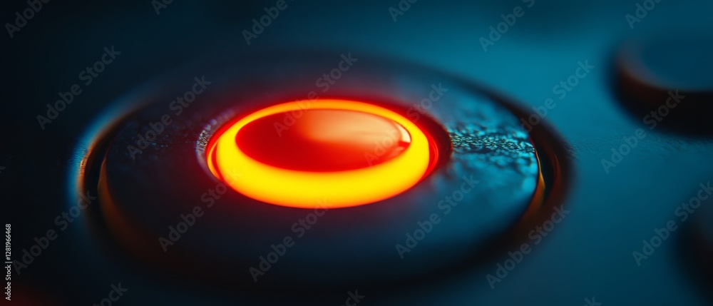 Naklejka premium Radiant red button on a console glows intensely, capturing focus and intrigue in a tech-driven setting.