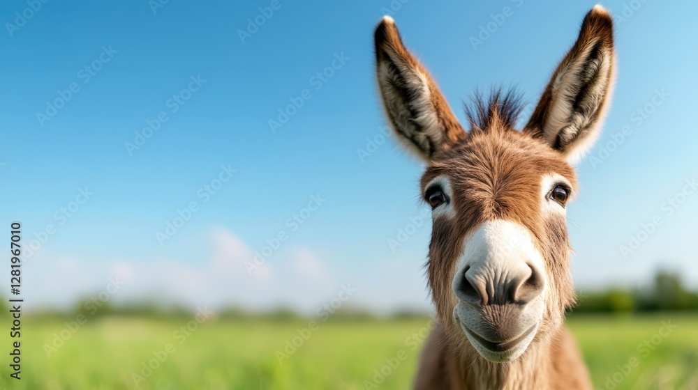 The inquisitive donkey gazes into the lens, its expressive eyes and soft features create a captivating connection that draws viewers in against a blue sky backdrop. The inquisitive donkey gazes into the lens, its expressive eyes and soft features create a captivating connection that draws viewers in against a blue sky backdrop.