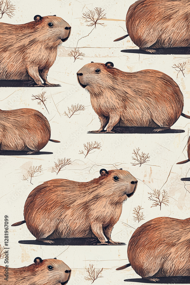 Hundreds of small capybaras in a charming vintage repeat pattern