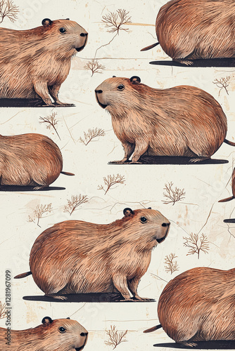 Obraz na płótnie Hundreds of small capybaras in a charming vintage repeat pattern w salonie