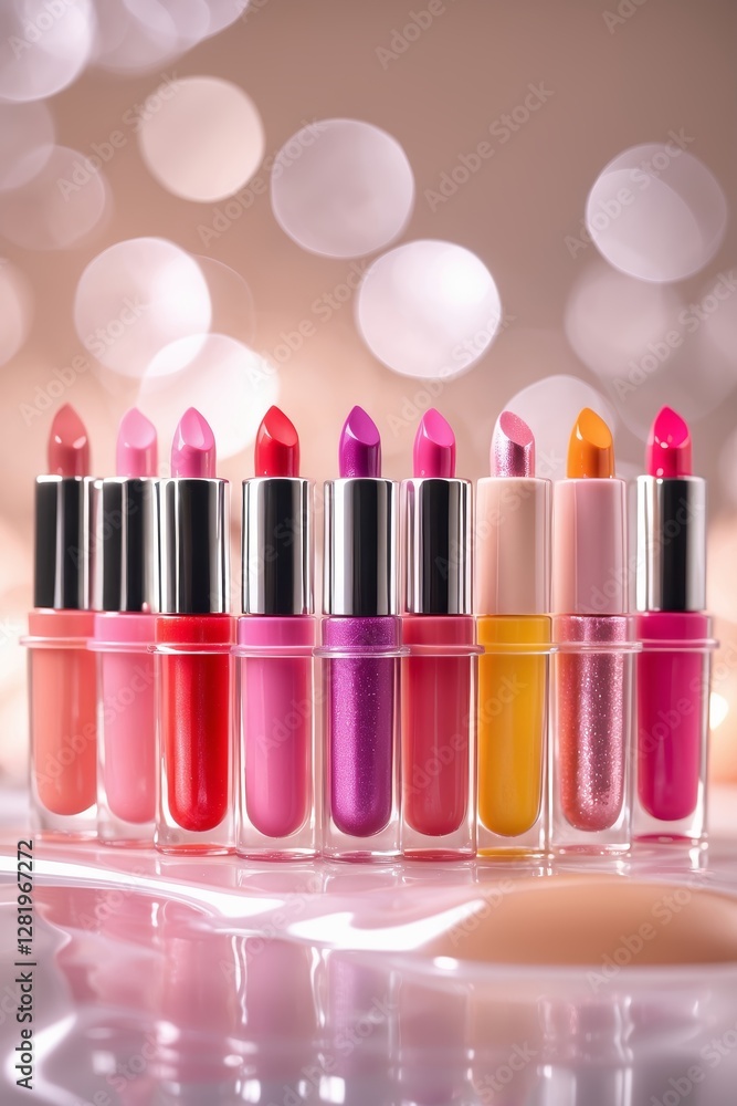 Vibrant array of lipsticks displayed elegantly against a sparkling backdrop in a beauty setting Vibrant array of lipsticks displayed elegantly against a sparkling backdrop in a beauty setting