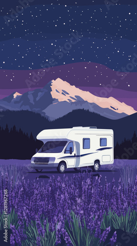 Vector RV Motorhome Night Adventure in Lavender Field Against Mountain Landscape