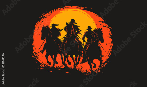 Apocalyptic Horsemen Silhouette Vector Art with Fiery Background for T-Shirt Design