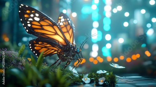Glowing mechanical butterfly hovering in a futuristic garden, sleek and delicate