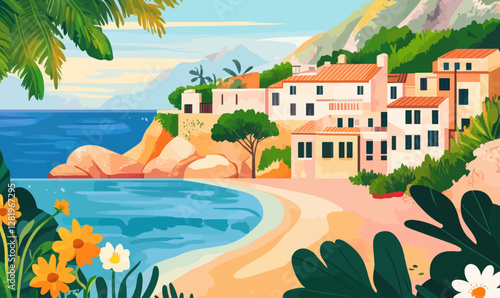 Charming Majorca Coastline with Traditional Buildings and Lush Flora in Minimalist Style