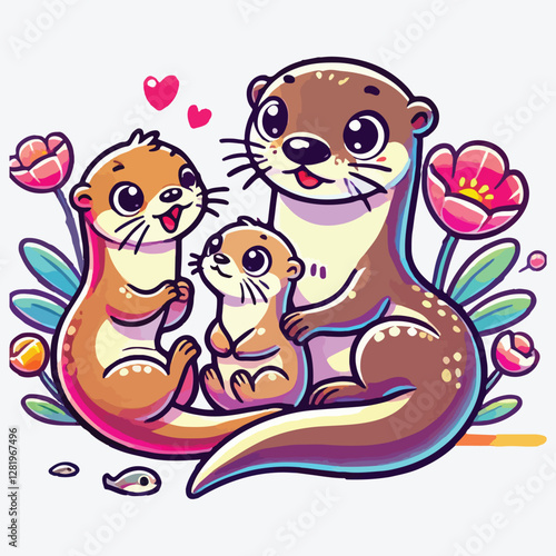 Funny mom otter. Mother and baby otters cartoon characters. Maternity in wildlife.