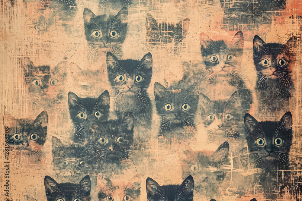 A nostalgic vintage-inspired background with a repeating pattern of delicate small cats in muted colors and soft lighting