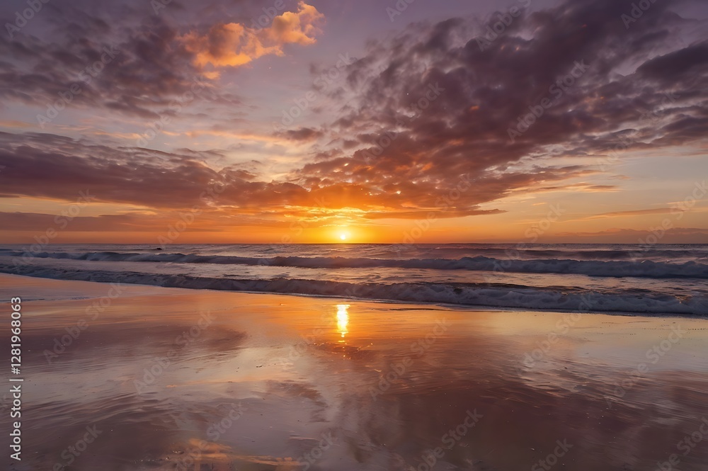 Fototapeta premium Sunset Over Ocean with Reflection on Wet Sand