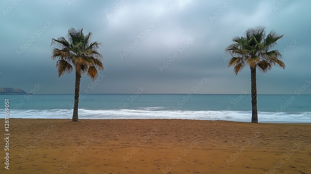 Obraz premium Stormy beach, twin palms, ocean view