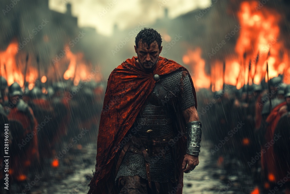 Warrior in battle armor walks through a fiery battlefield while soldiers gather behind him under a stormy sky