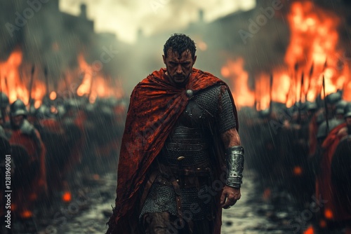 Obraz na płótnie Warrior in battle armor walks through a fiery battlefield while soldiers gather behind him under a stormy sky w salonie