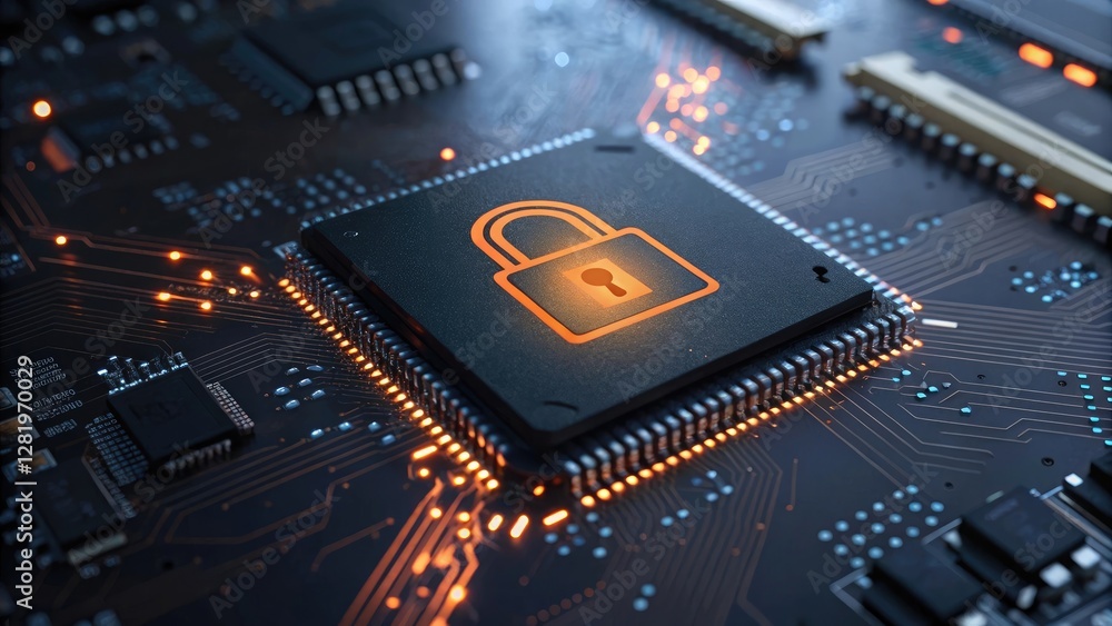 Cybersecurity Concept with Golden Padlock on Motherboard Cybersecurity Concept with Golden Padlock on Motherboard