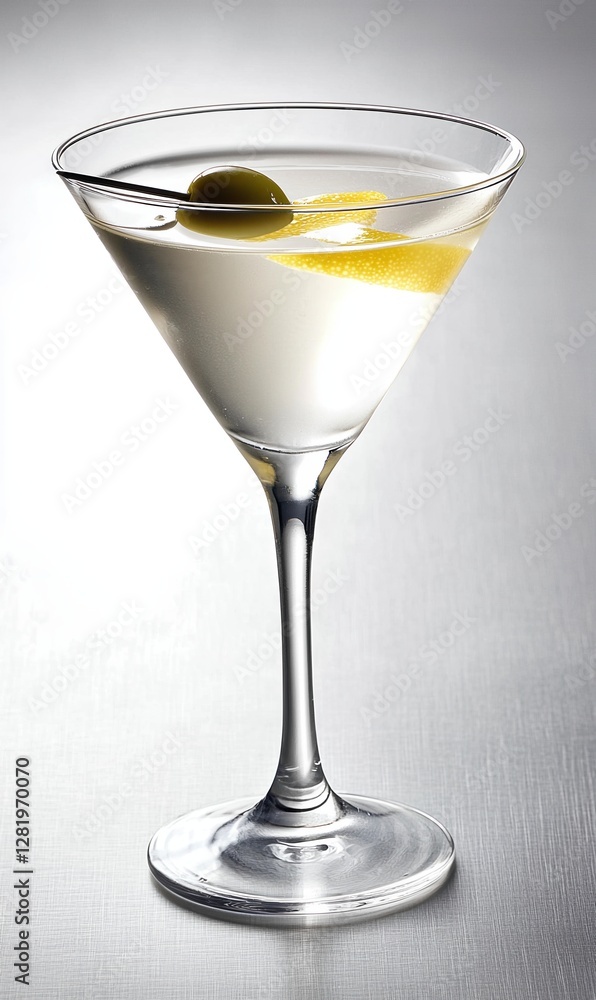 Classic martini served in an elegant glass, featuring a lemon twist and olive on a muted silver backdrop Classic martini served in an elegant glass, featuring a lemon twist and olive on a muted silver backdrop
