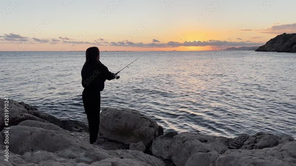 Slim girl wearing black takes the bait in the sea on the calm coast, with sun setting behind clouds in the background Slim girl wearing black takes the bait in the sea on the calm coast, with sun setting behind clouds in the background