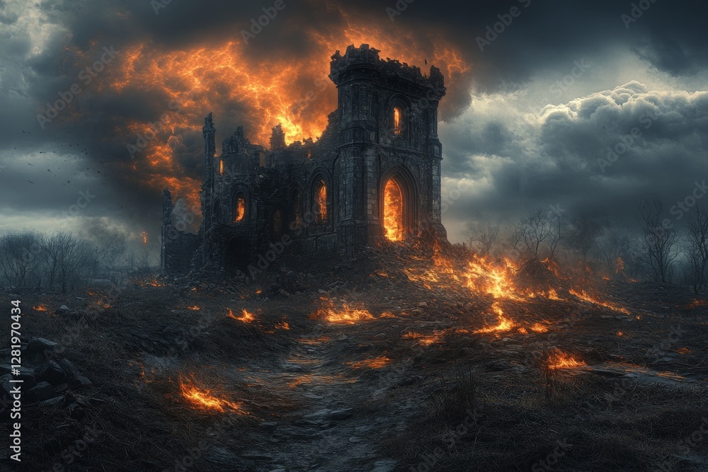 Fototapeta premium Desolate castle engulfed in flames under a stormy sky during a cataclysmic event at twilight