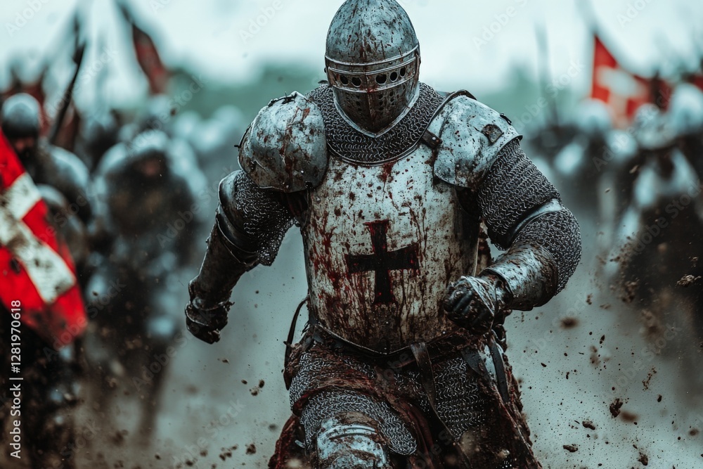 Medieval knight in battle armor charges forward amid a chaotic battlefield with bloody surroundings and soldiers in the background Medieval knight in battle armor charges forward amid a chaotic battlefield with bloody surroundings and soldiers in the background
