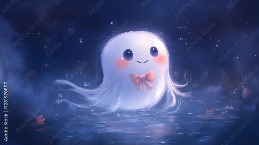 Cute cartoon ghost in a magical night landscape. Possible use Children's book illustration Cute cartoon ghost in a magical night landscape. Possible use Children's book illustration