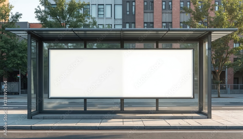 Bus shelter with blank white billboard. Ad lightbox on glass aluminum structure at transit station. Urban setting with city street, building background. Stone sidewalk base mock up template. Bus shelter with blank white billboard. Ad lightbox on glass aluminum structure at transit station. Urban setting with city street, building background. Stone sidewalk base mock up template.