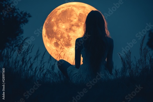 Woman gazing at a full moon in a tranquil outdoor setting during the night