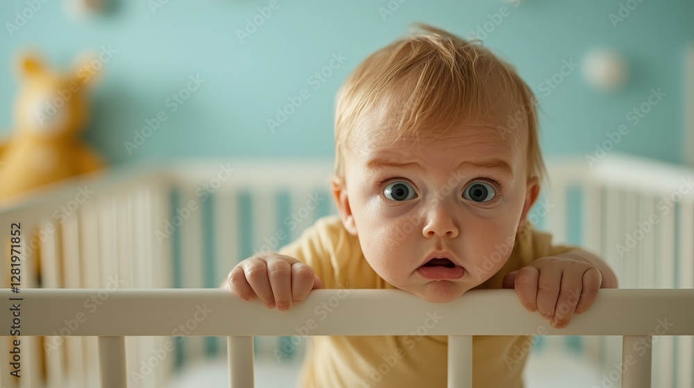 An adorable surprised baby peering over the edge of a crib, expressing a mixture of curiosity and wonder, perfectly captured in a bright and cheerful nursery setting. An adorable surprised baby peering over the edge of a crib, expressing a mixture of curiosity and wonder, perfectly captured in a bright and cheerful nursery setting.
