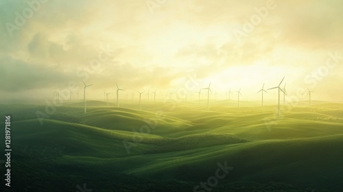 Aerial view of a wind farm with wind turbines generating clean energy during sunset.