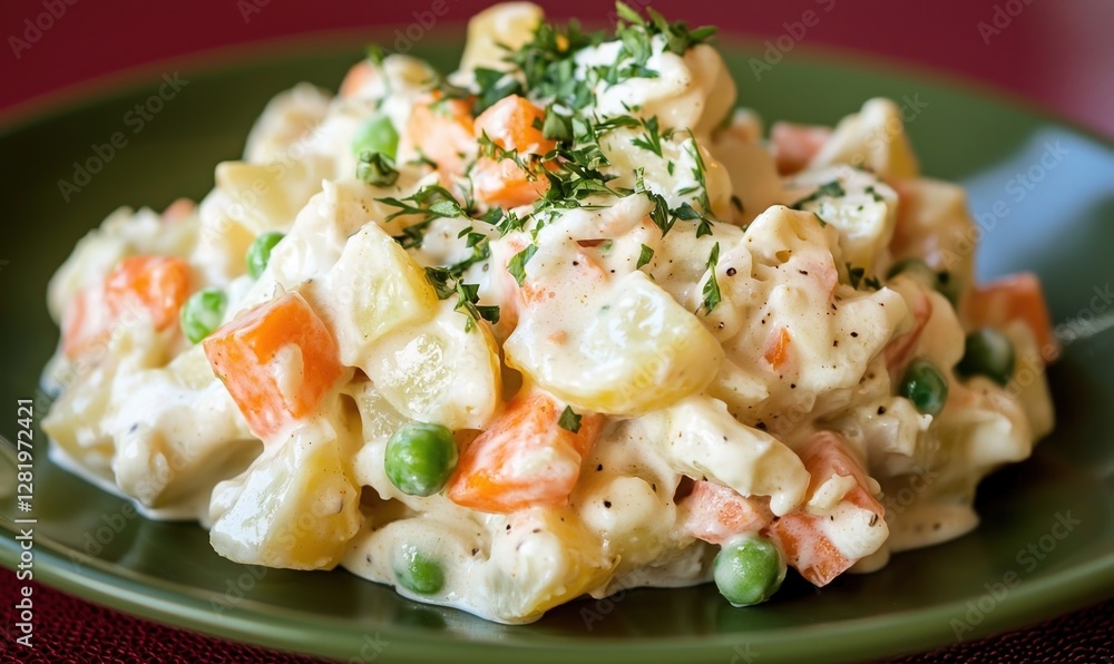 Delicious Olivier salad featuring boiled potatoes, carrots, peas, and creamy mayo, elegantly presented on a green plate Delicious Olivier salad featuring boiled potatoes, carrots, peas, and creamy mayo, elegantly presented on a green plate