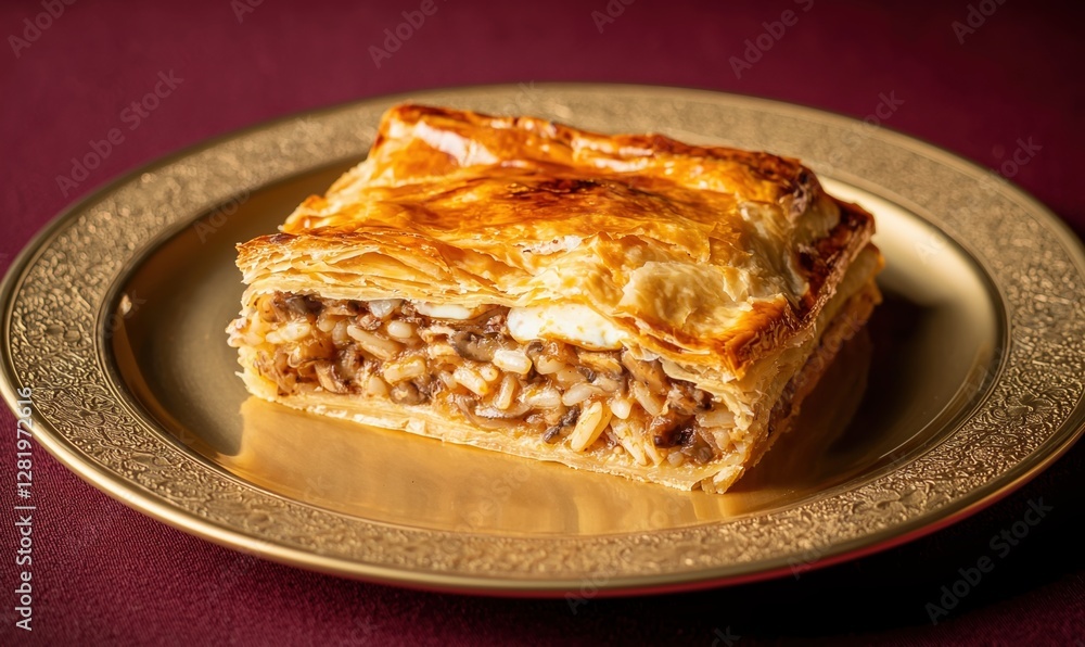 Savory kurnik made with layers of chicken, mushrooms, rice, and eggs on a golden plate against a dark red backdrop Savory kurnik made with layers of chicken, mushrooms, rice, and eggs on a golden plate against a dark red backdrop