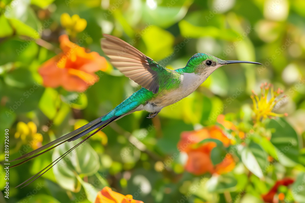 Obraz premium A stunning Long-tailed Sylph hummingbird (Aglaiocercus kingi) in mid-flight, captured with its iridescent green and blue feathers shimmering in soft sunlight